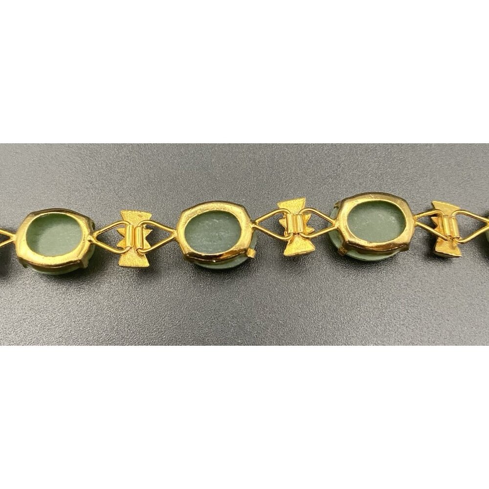 Vtg Green Jadeite Bracelet Gold Plated Bamboo Accent Floral Box Clasp 7" UV Test - Picture 15 of 16